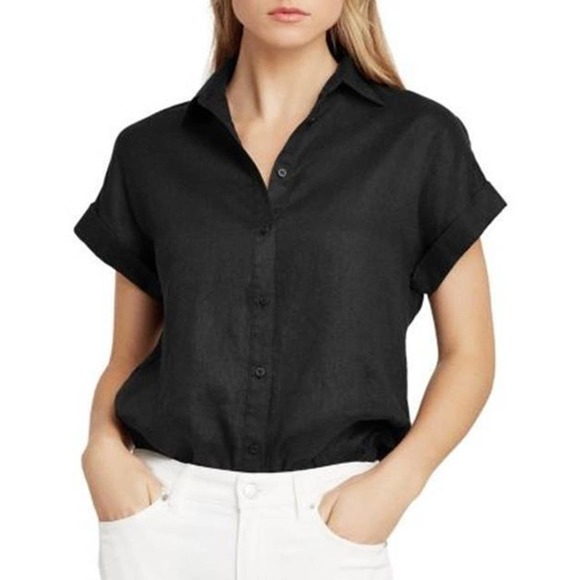 Lauren Ralph Lauren Tops - Lauren Ralph Lauren Linen Short Sleeve Button Up Shirt Black Plus Size 3X H13997